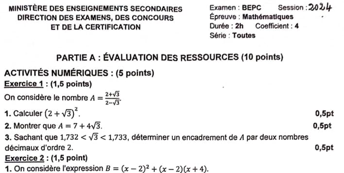 BEPC Mathematiques - 2023/2024