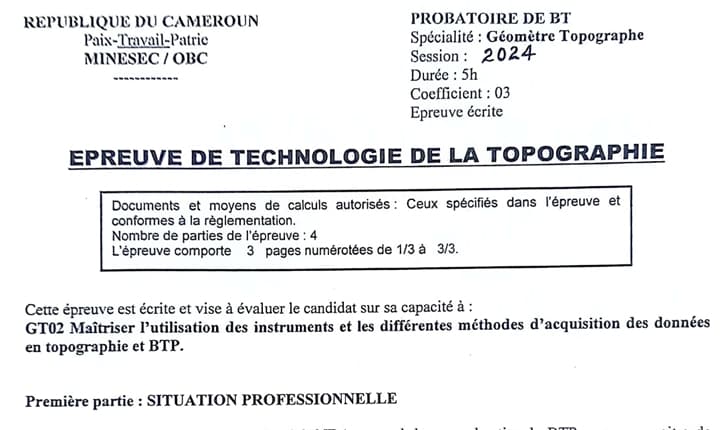 PROBATOIRE TECHNIQUE Series F4/TP Technologie De La Topographie - 2023/2024
