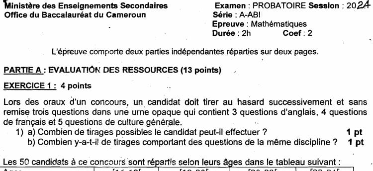 PROBATOIRE Series ABI Mathematiques - 2023/2024