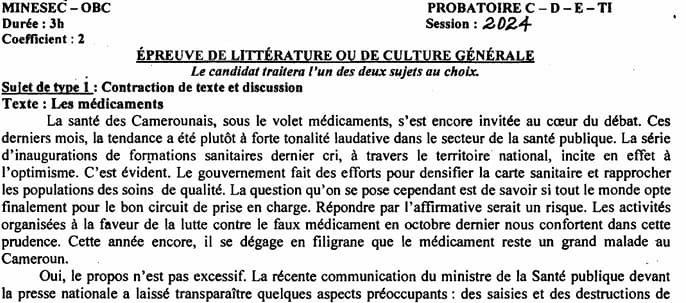 PROBATOIRE Series C Litterature Ou Culture Generale - 2023/2024