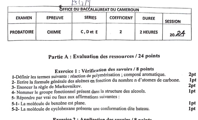 PROBATOIRE Series C Chimie - 2023/2024