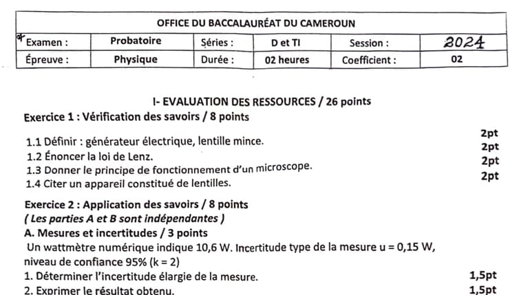 PROBATOIRE Series D Physique - 2023/2024