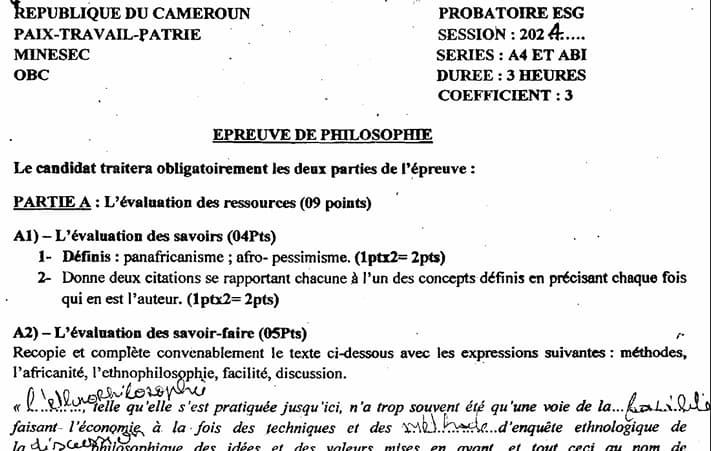 PROBATOIRE Series A4 Philosophie - 2023/2024