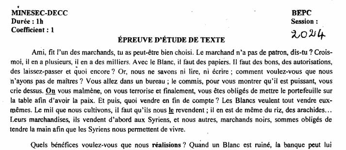 BEPC Etude De Texte - 2023/2024