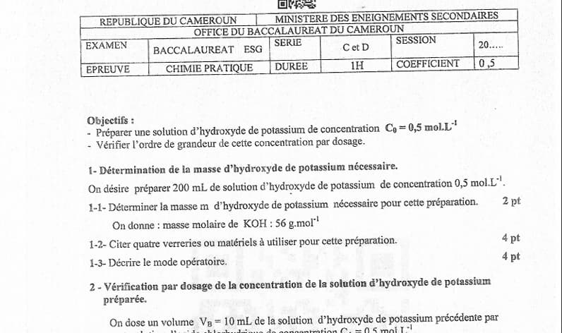 BACCALAUREAT Series C Chimie Pratique - 2024/2025