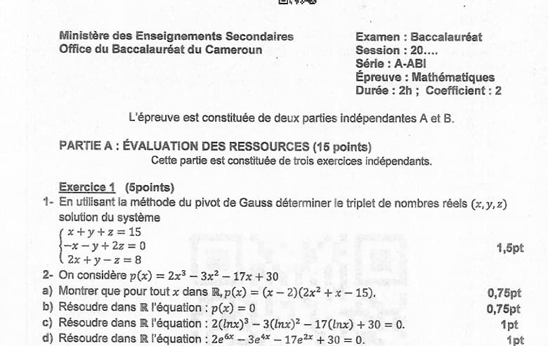 BACCALAUREAT Series ABI Mathematique - 2024/2025