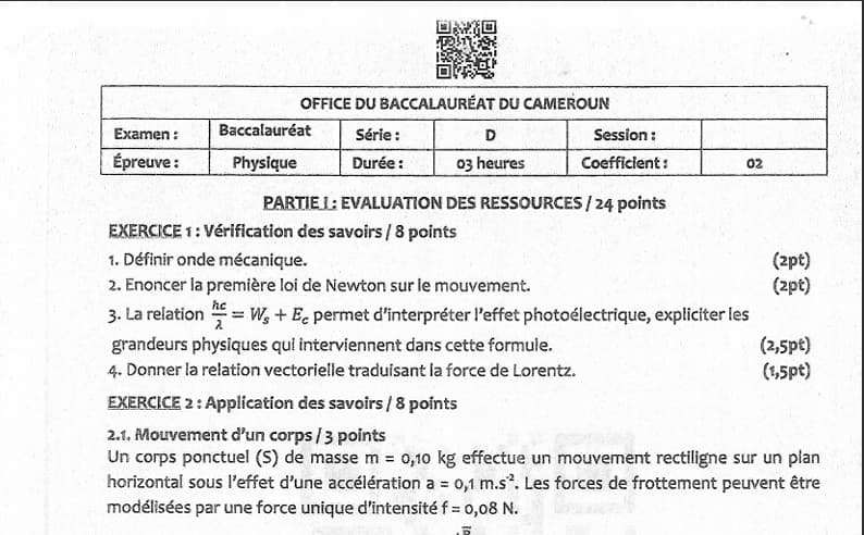 BACCALAUREAT Series D Physique - 2024/2025