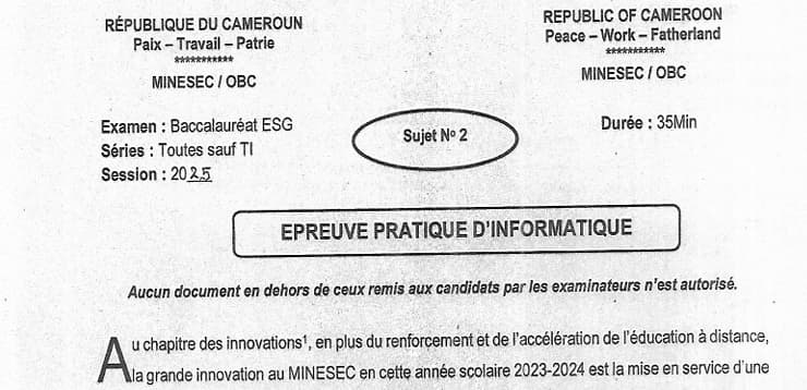 BACCALAUREAT Series C Informatique Sujet 2 - 2024/2025