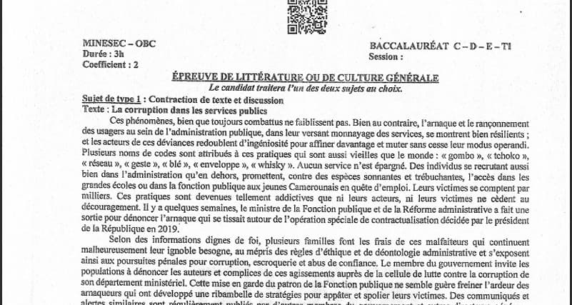 BACCALAUREAT Series C Litterature Ou Culture Generale - 2024/2025