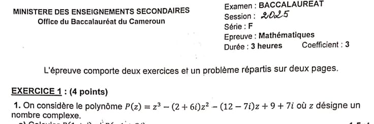 BACCALAUREAT TECHNIQUE Series F1 Mathematiques - 2024/2025