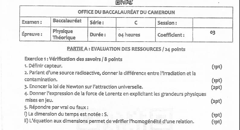 BACCALAUREAT Series C Physique Theorique - 2024/2025