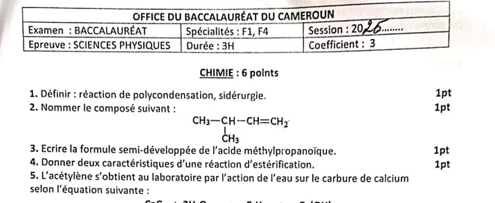 BACCALAUREAT TECHNIQUE Series F1 Sciences Physiques - 2024/2025