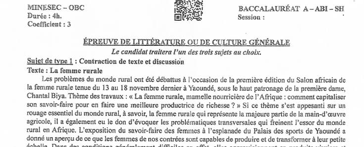 BACCALAUREAT Series A4 Litterature Ou Culture Generale - 2024/2025