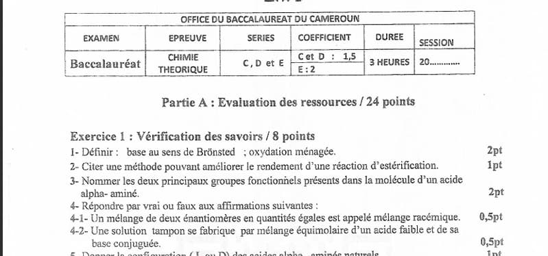BACCALAUREAT Series C Chimie Theorique - 2024/2025