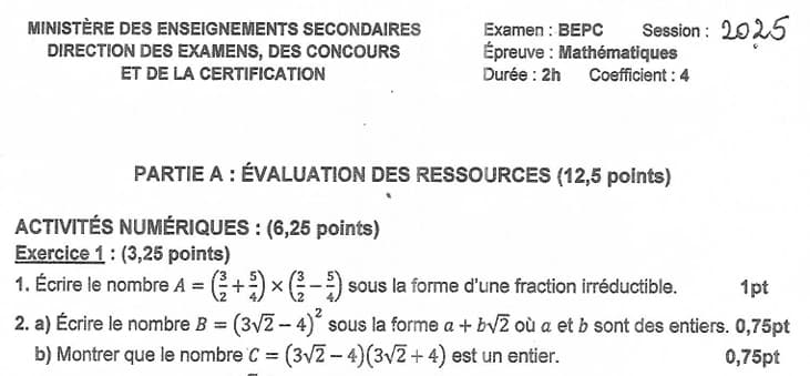 BEPC Mathematiques - 2024/2025