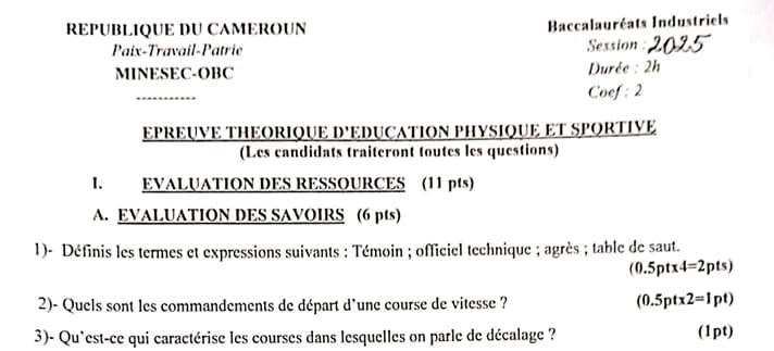 BACCALAUREAT TECHNIQUE Series F4/BA Education Physique Et Sportive Theorique - 2024/2025