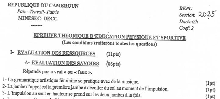 BEPC Education Physique Et Sportive Theorique - 2024/2025