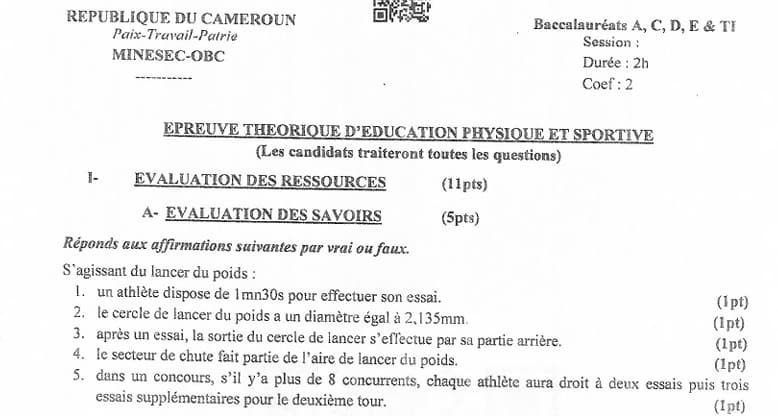 BACCALAUREAT Series A4 Education Physique Et Sportive (theorique) - 2024/2025