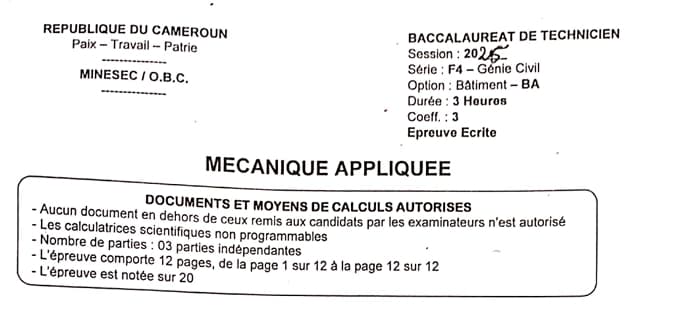 BACCALAUREAT TECHNIQUE Series F4/BA Mecanique Appliquee - 2024/2025