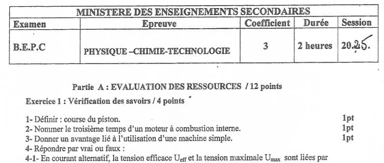 BEPC Physique Chimie Technologie - 2024/2025