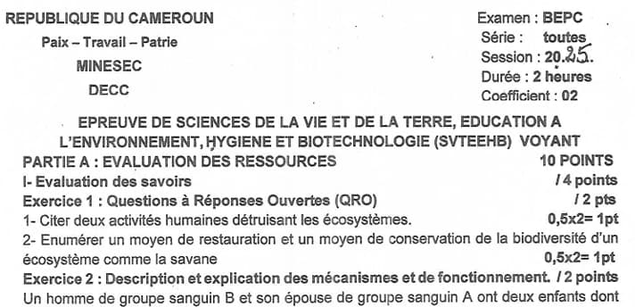 BEPC Science De La Vie Et De La Terre (svteehb) - 2024/2025