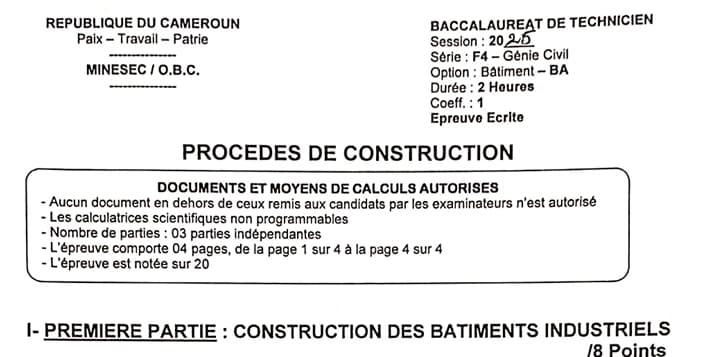 BACCALAUREAT TECHNIQUE Series F4/BA Procedes De Construction - 2024/2025