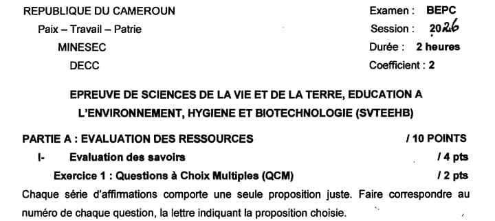BEPC Science De La Vie Et De La Terre - 2025/2026