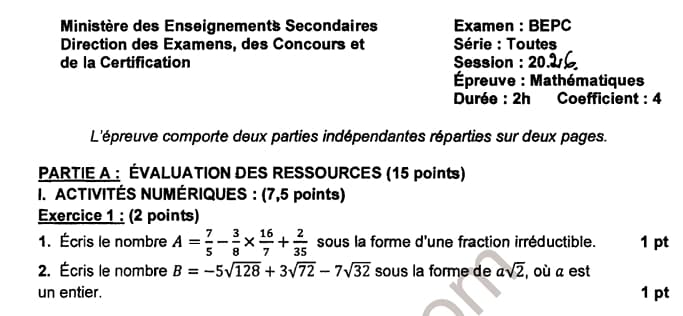 BEPC Mathematiques - 2025/2026