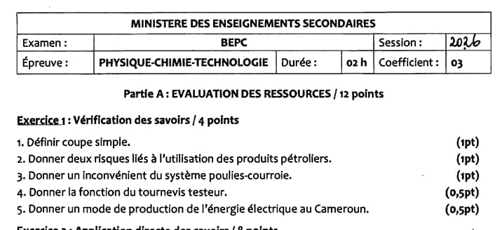 BEPC Physique Chimie Technologie - 2025/2026