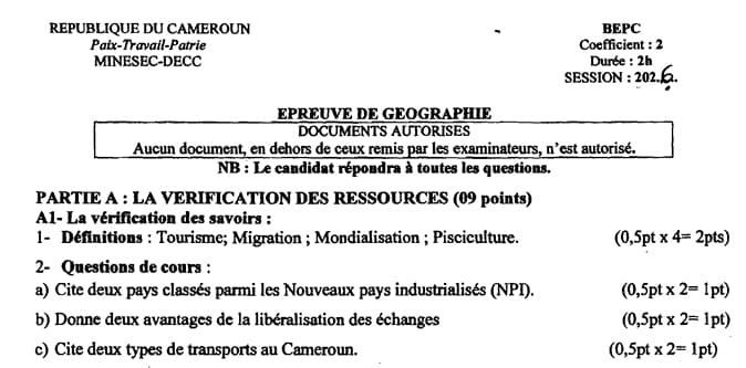 BEPC Geographie - 2025/2026