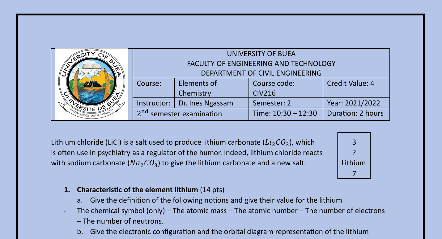CIV216: ELEMENTS OF CHEMISTRY