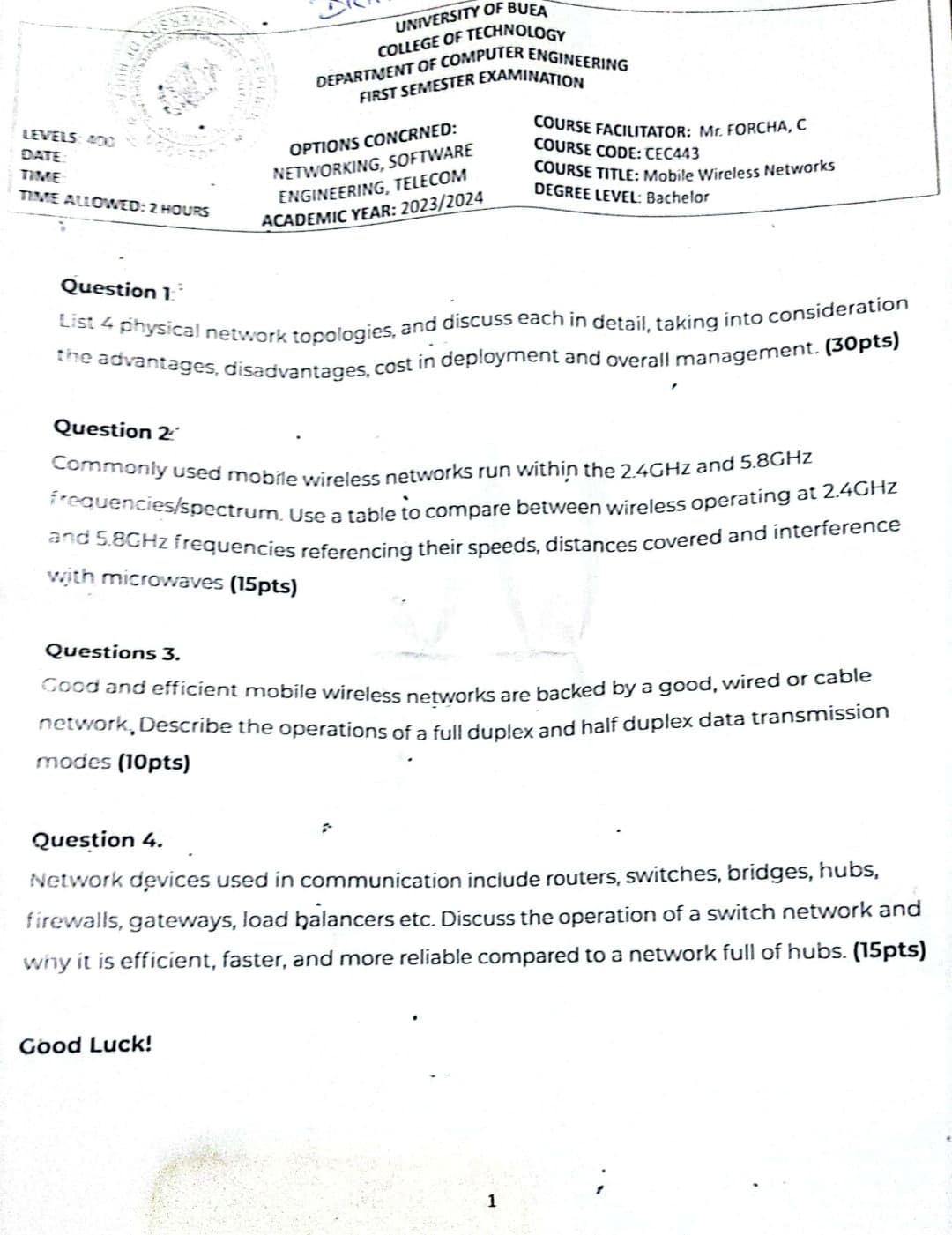 CEC443: MOBILE WIRELESS NETWORKS