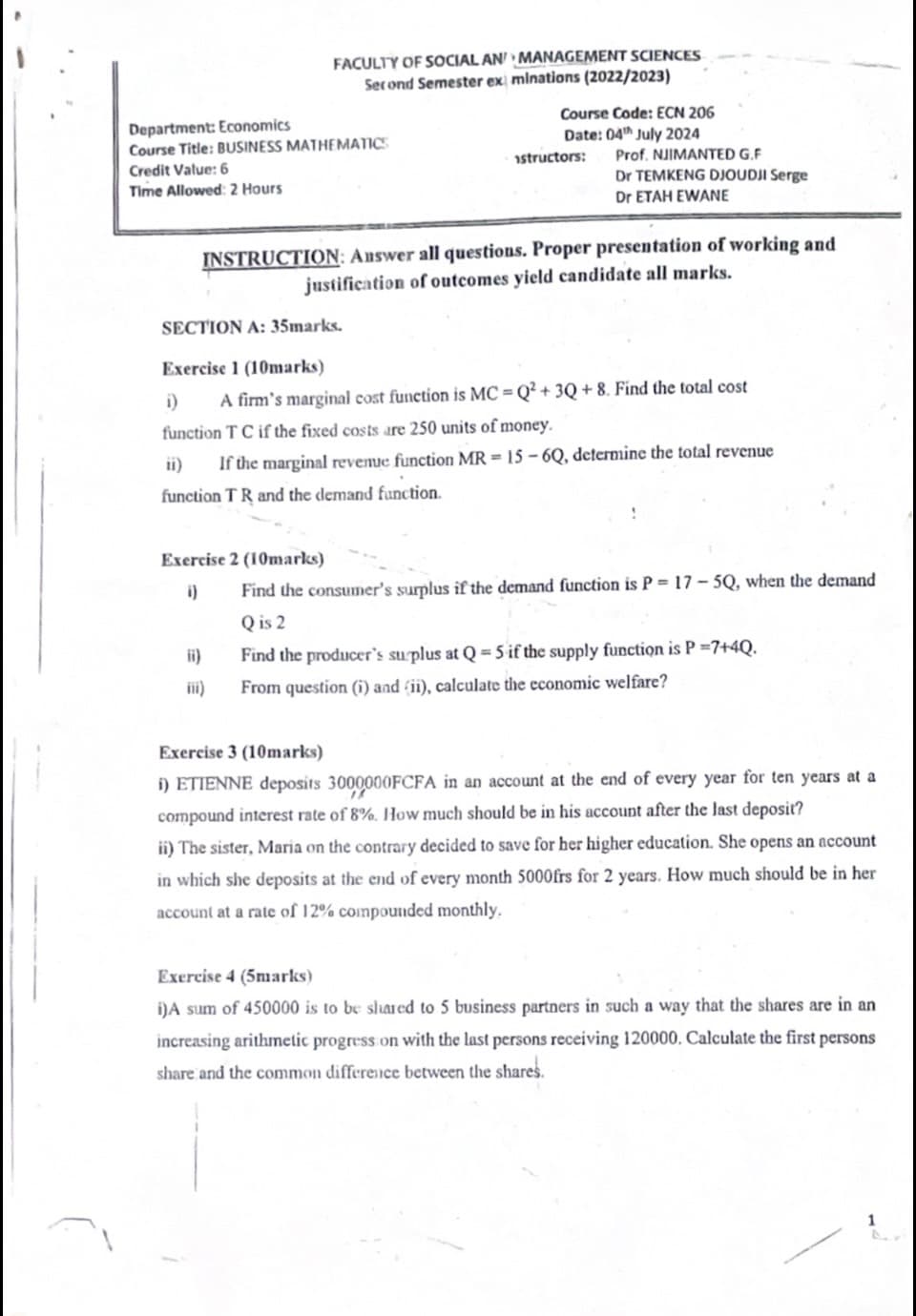 ECN206: Business mathematics